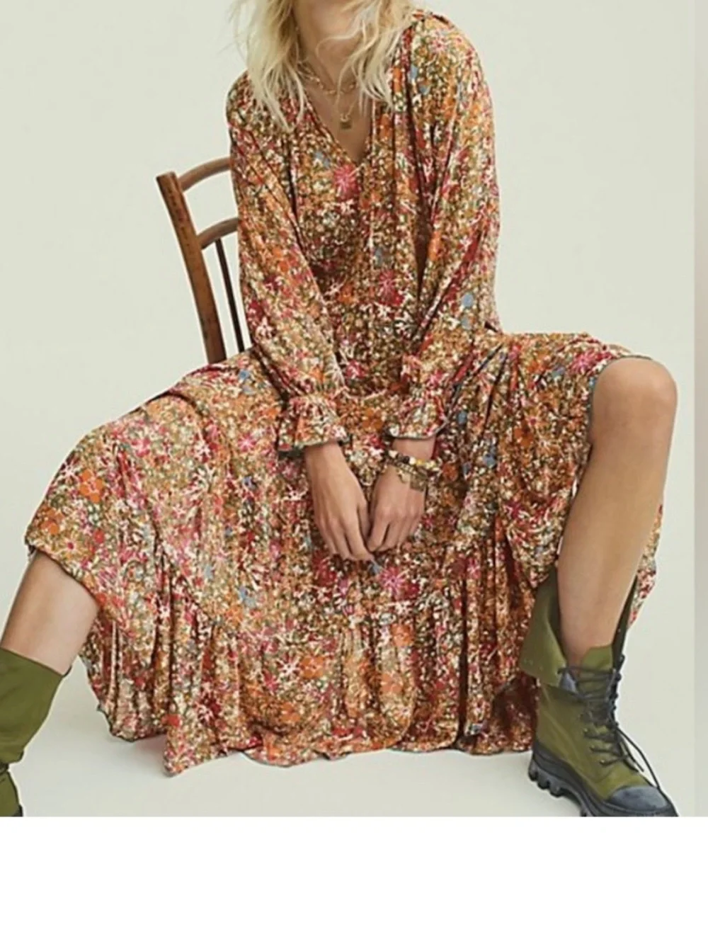 Free People Feeling Groovy Floral Tiered Boho Sheer Long Sleeve Maxi Dress XL - Picture 2 of 11